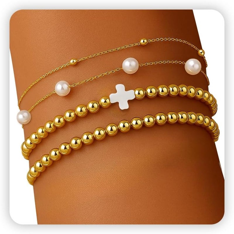 PEALICIOUS 2Pcs Chunky Bracelet for Women, Girls Gold Bangle Bracelet 7in Minimalist Silver Chunky Bangles Valentines Gifts, Trendy Gold Arm Cuff Upper Arm Band, Stack Bead Pearl Gift Summer Jewelry - Image 1